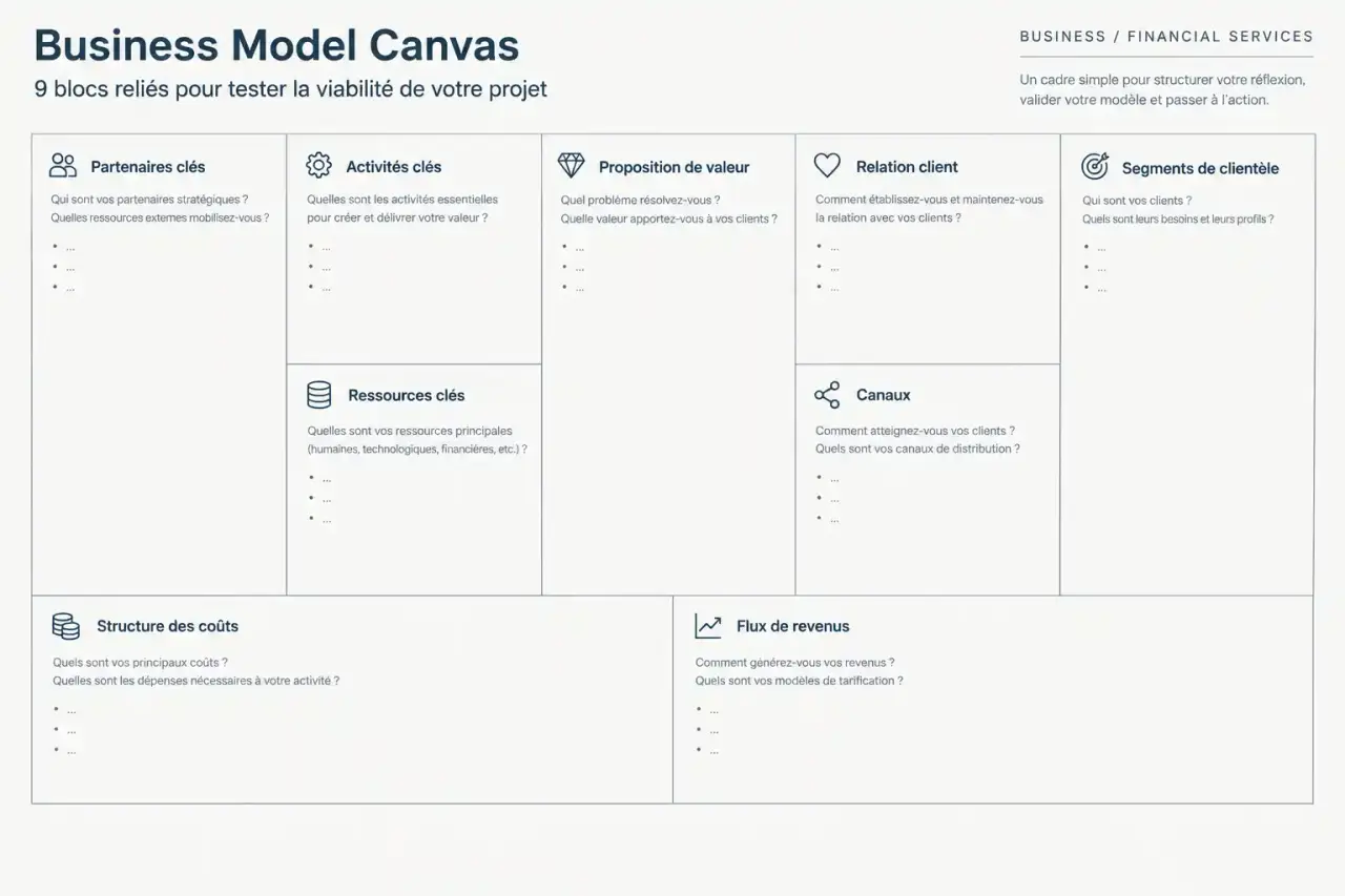 Business Model Canvas à remplir : 9 blocs reliés pour tester la viabilité de votre projet