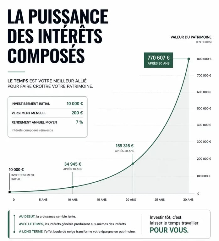 Graphique illustrant la croissance du patrimoine par les intérêts composés pour se constituer un patrimoine