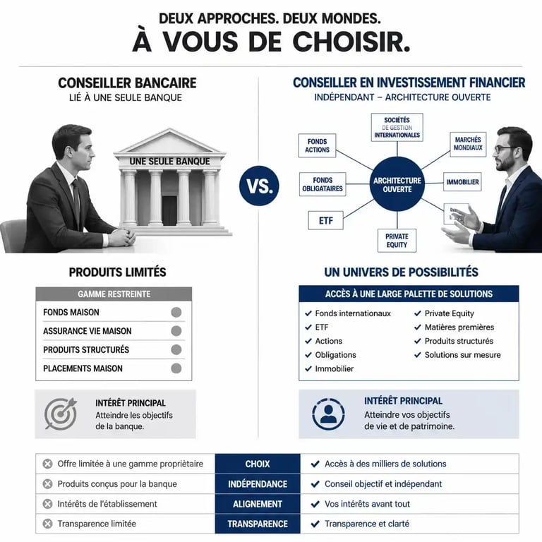 Comparatif entre conseiller bancaire et conseiller en investissement financier indépendant pour la gestion de patrimoine