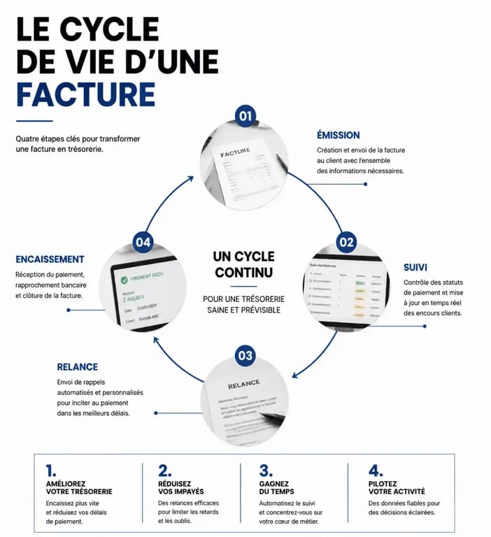 Schéma du cycle de vie des receivable management services pour l'optimisation de la trésorerie