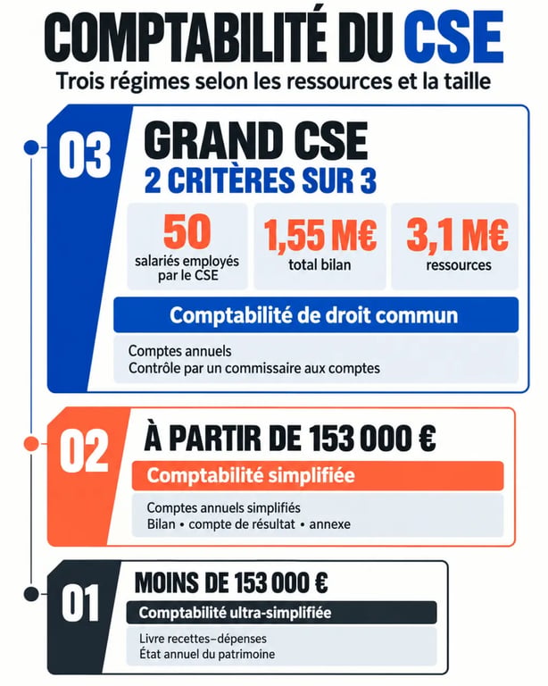 Infographie des trois régimes de comptabilité CSE selon les seuils de ressources et de taille