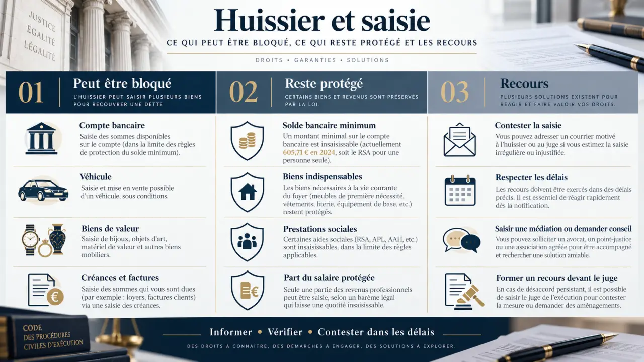 Huissier et saisie : ce qui peut être bloqué, ce qui reste protégé et les recours