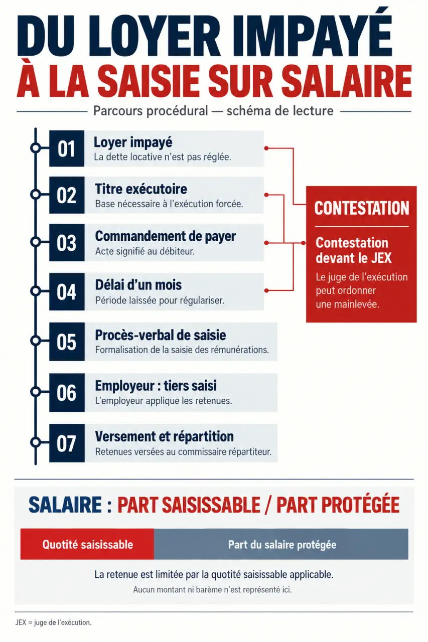 Infographie sur le loyer impayé et la saisie sur salaire, de l’obtention du titre exécutoire à la mainlevée