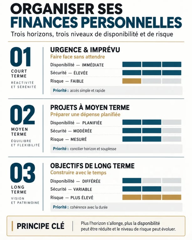 Conseils financiers particuliers : répartition de l'épargne entre urgence, projets et long terme