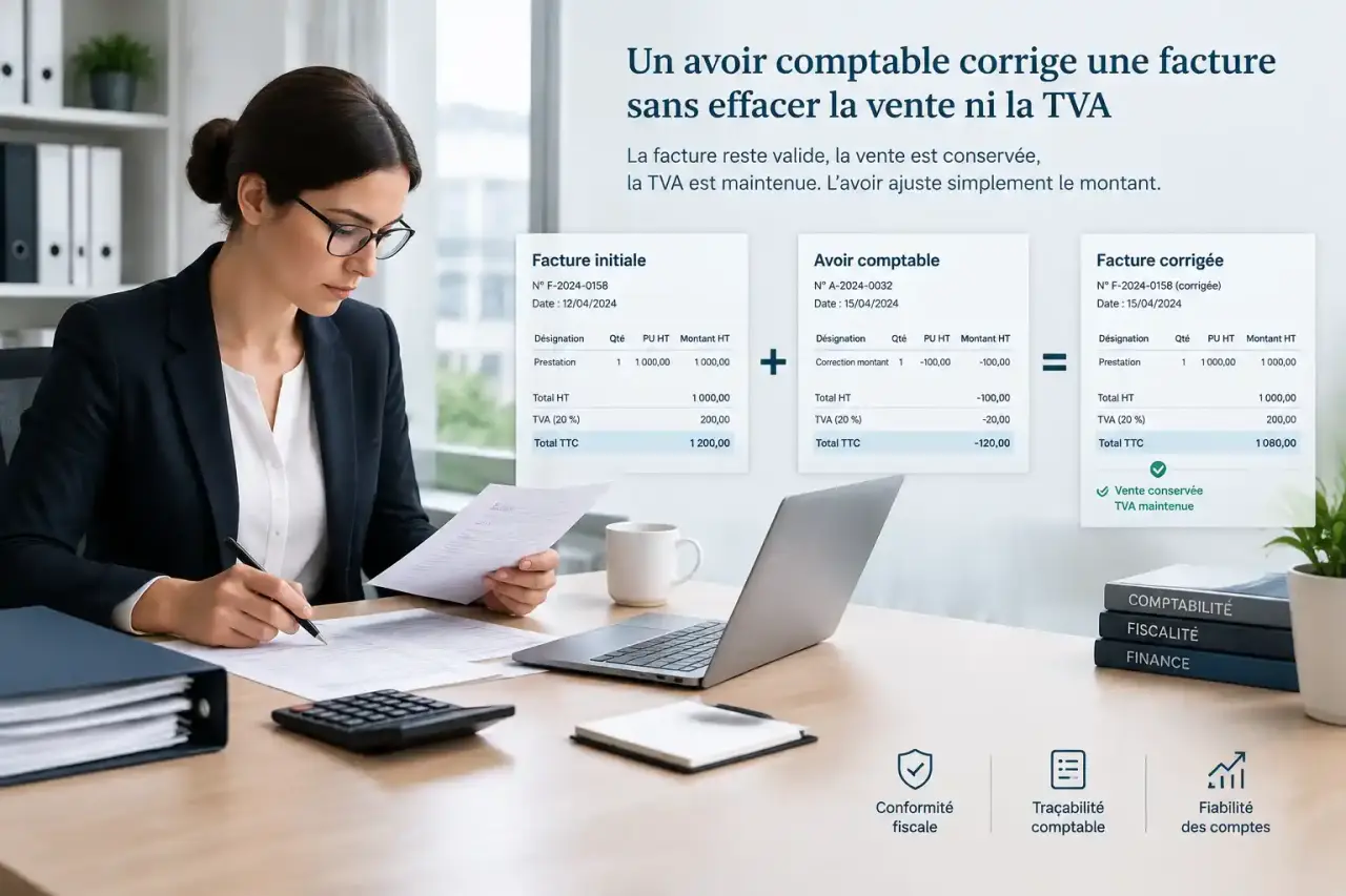 Un avoir comptable corrige une facture sans effacer la vente ni la TVA