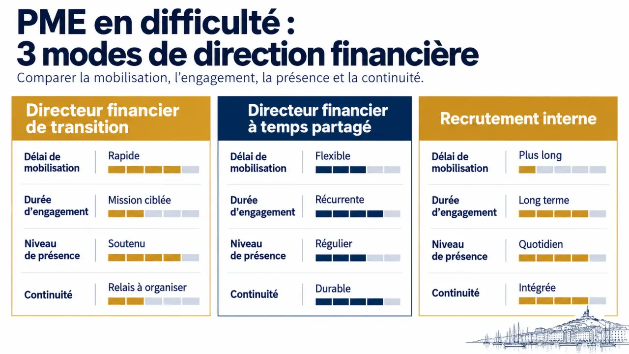 Directeur financier gestion de crise Marseille : comparaison visuelle entre transition, temps partagé et recrutement interne