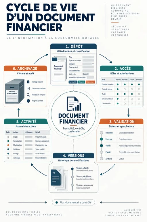 Système de gestion de documents pour la finance : cycle de validation, versions, accès et audit
