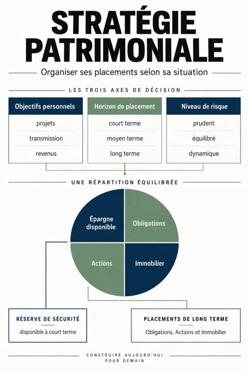 Infographie sur la gestion de patrimoine en banque, entre objectifs, horizon de placement et allocation d’actifs